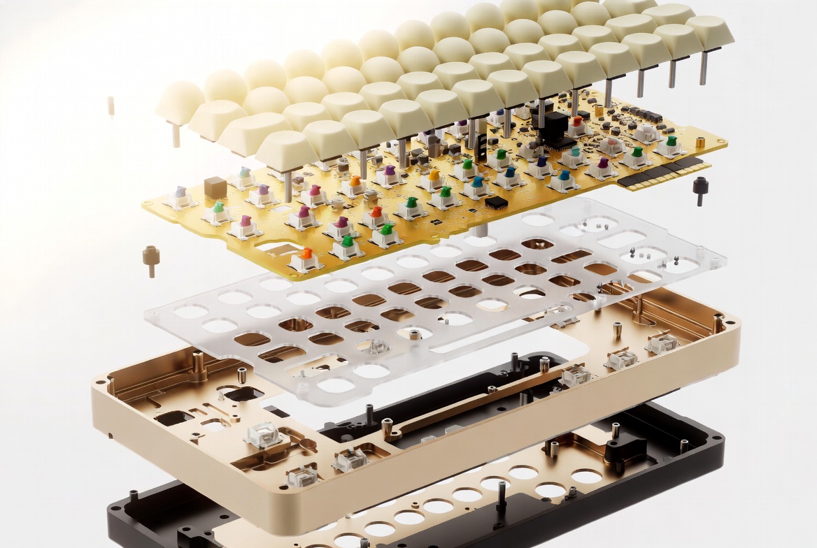 VK-01 分层结构图：键帽、PCB、gasket 硅胶层与香槟金铝壳